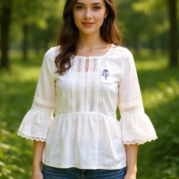 Women's Ivory Embroidered Accents Scoop Neck Flutter-Sleeved Blouse Size S - Picture 3 of 5